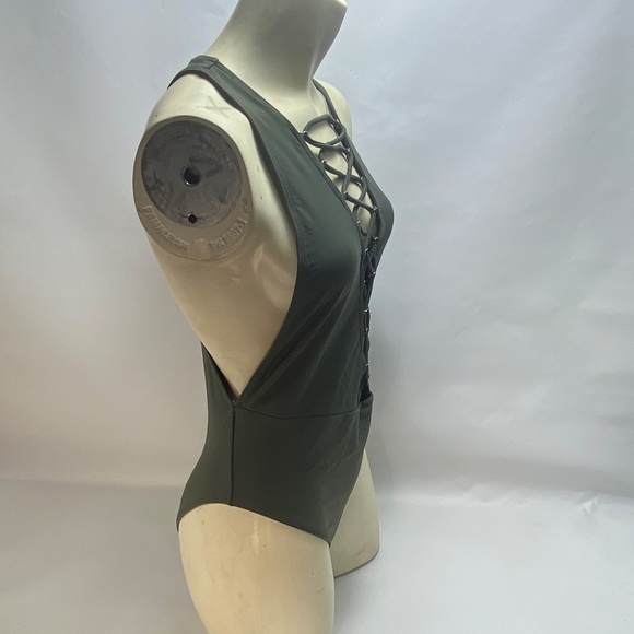 Forever 21 Womens One Piece Swim Suit Medium Forest Green Lace Front Back Zipper - Picture 12 of 16